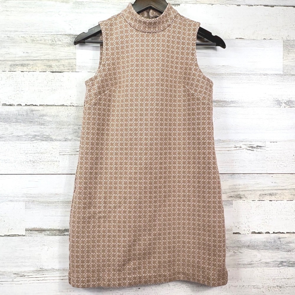 Ann Taylor Petite Tan White Geometric Jacquard Mock Neck Shift Dress Size 0P